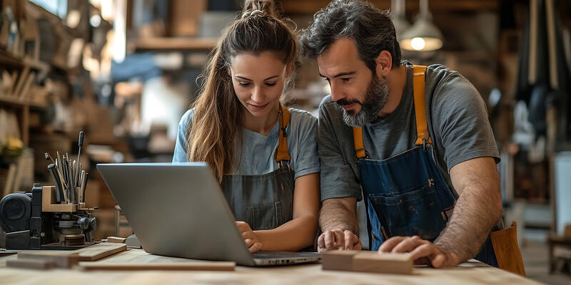 Deux artisans regardent leur ordinateur portable dans leur atelier de menuiserie