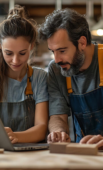 Deux artisans regardent leur ordinateur portable dans leur atelier de menuiserie