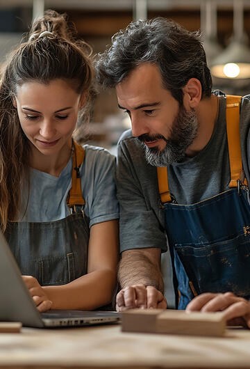 Deux artisans regardent leur ordinateur portable dans leur atelier de menuiserie