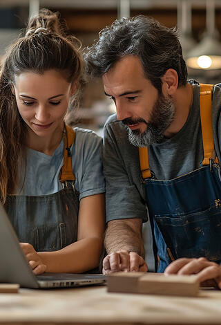 Deux artisans regardent leur ordinateur portable dans leur atelier de menuiserie